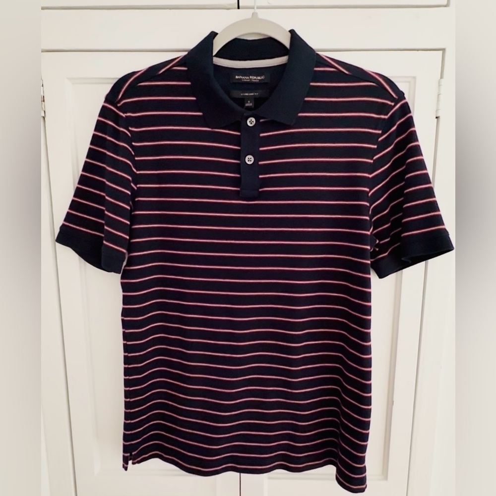 Banana Republic S Luxury Touch Polo Standard Fit Navy/ Burgundy Striped Polo